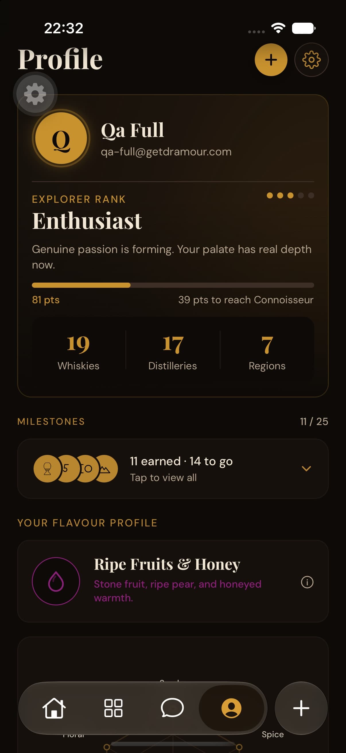 A Dramour taste profile, showing flavour-profile breakdown and top regions